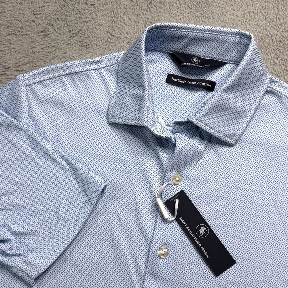 Hart Schaffner Marx Mens Blue HartSoft Luxury Cotton Geometric Shirt Small NWT